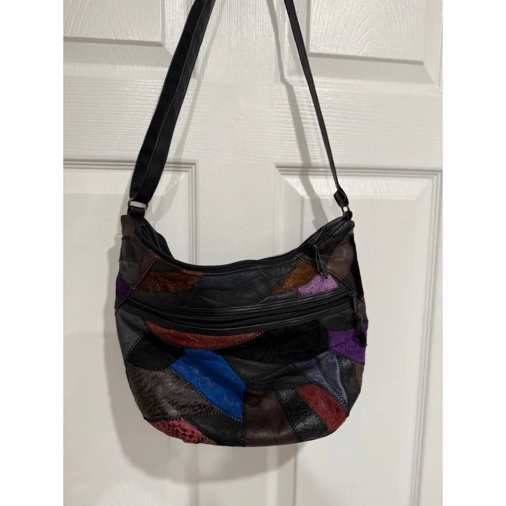 Vintage Leather Patchwork Crossbody Bag Multi Color Textured Hobo Shoulder Bag